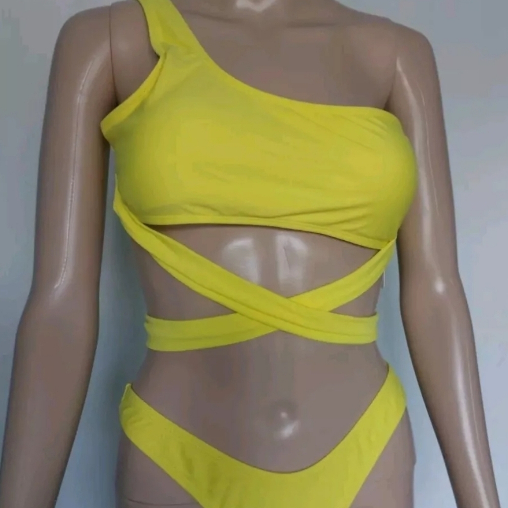Women's One Shoulder Bikini Set Criss Cross Bathing Suit High Cut 2 Piece Size L